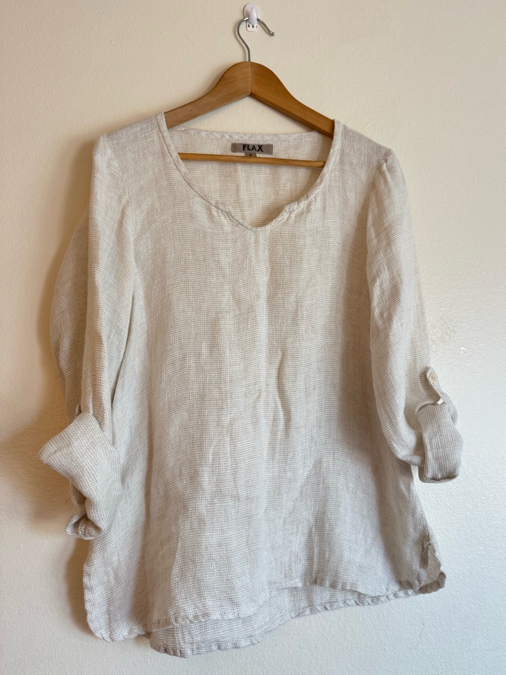 Flax Cream Linen Lagenlook Beachy Oversized V-Neck Tunic Top